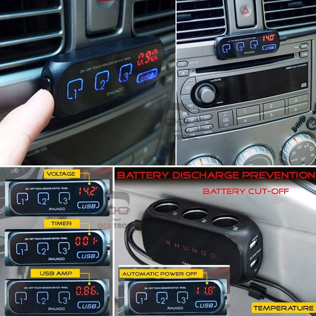 RS-21S Adattatore Accendisigari 3 Vie + 2 USB 3.4A Con Telecomando Touch E Display LED