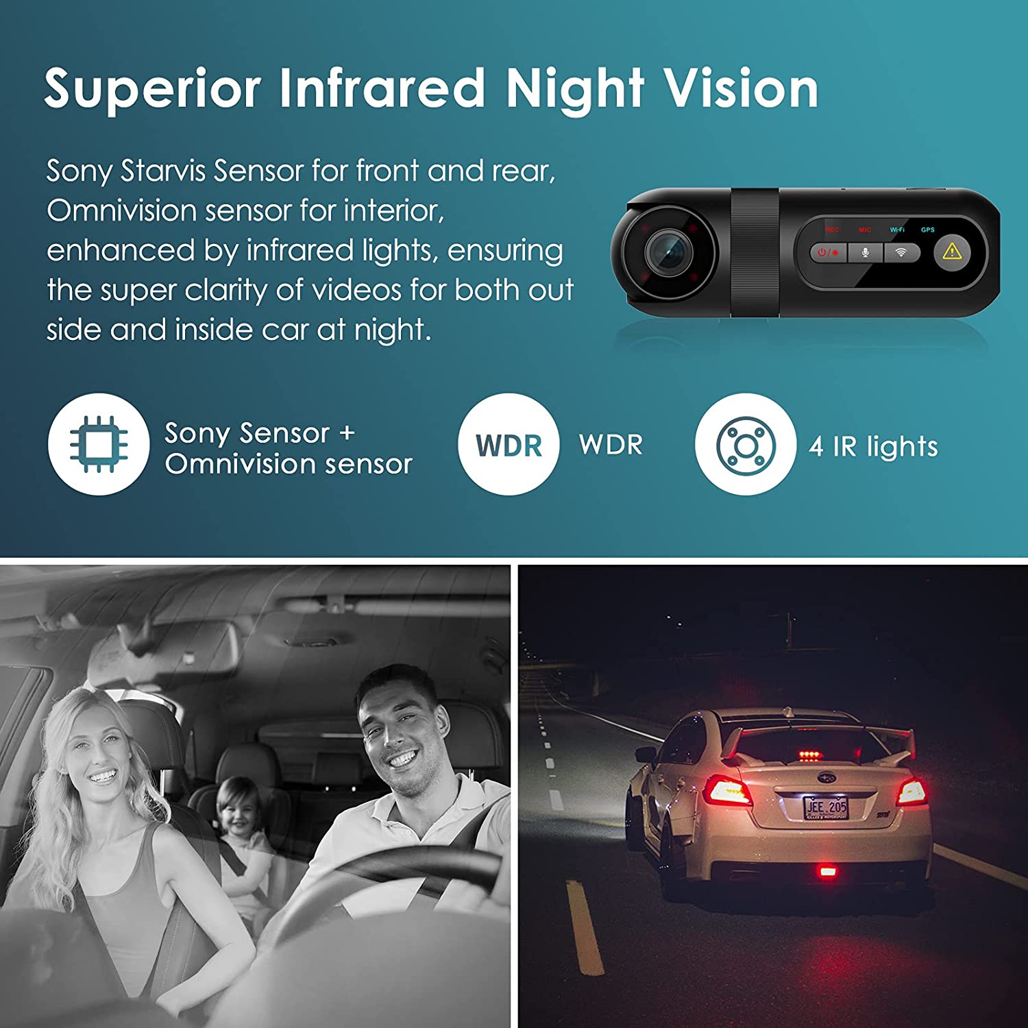 1080p FHD Built-in GPS Wi-Fi Dash Cam, Front and Inside Car Camera Recorder with Infrared Night Vision, Sony Sensor, Supercapacitor, 4 IR LEDs,G